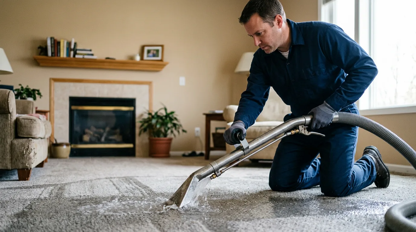 Water damage restoration technician working near Rush, NY